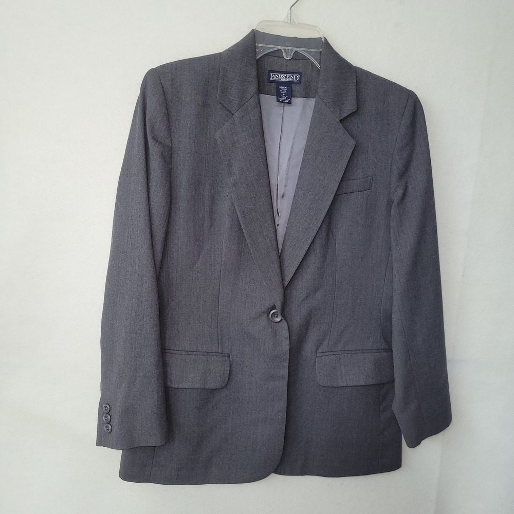 Lands End Blazer Jacket Womens 6P Grey 1 Button  Classic Single‎ Breasted Office